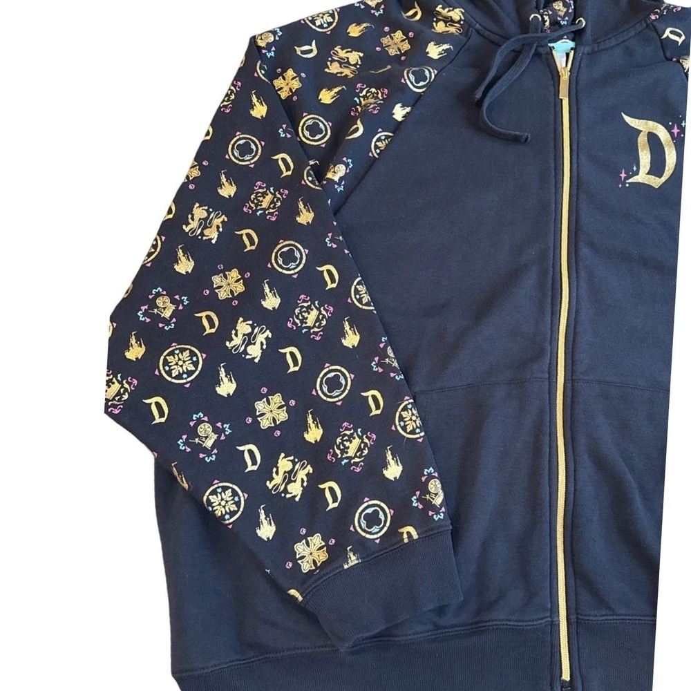 Disney Parks Disneyland Zip Hoodie 2XL Black Gold Foil Castle Vacation Cozy - Picture 5 of 16